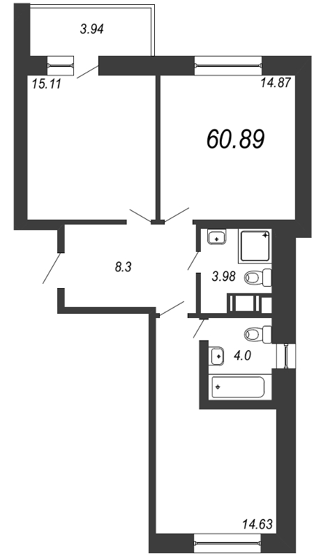 3-комнатная (Евро) квартира, 60.89 м² в ЖК "Северный" - планировка, фото №1