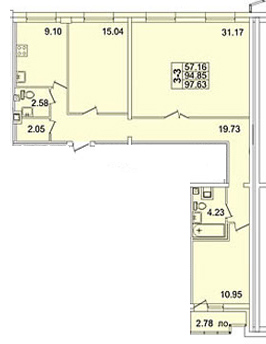3-комнатная квартира, 96 м² - планировка, фото №1