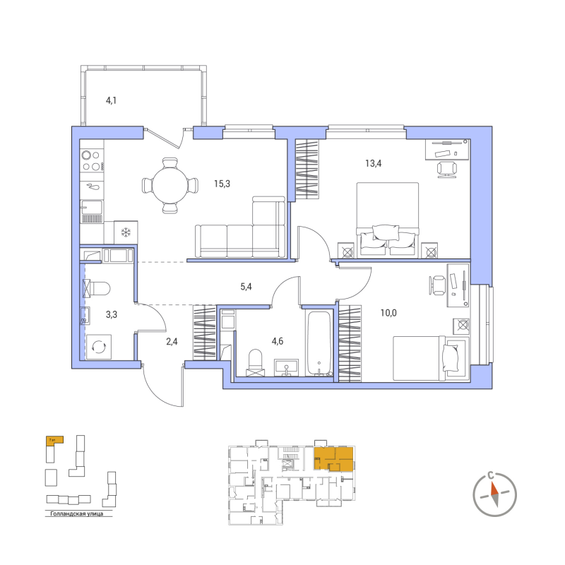 3-комнатная (Евро) квартира, 55.6 м² в ЖК "Янила Форест" - планировка, фото №1