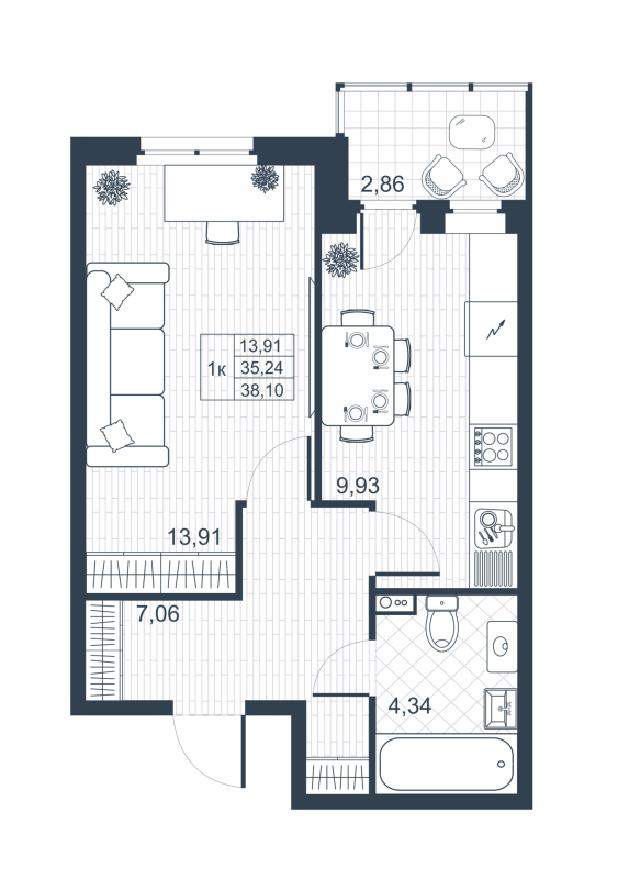 1-комнатная квартира, 35 м² в ЖК "Ново-Антропшино" - планировка, фото №1