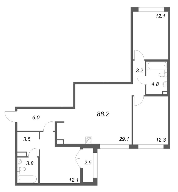 4-комнатная (Евро) квартира, 88.2 м² в ЖК "Кронунг ЮГ" - планировка, фото №1