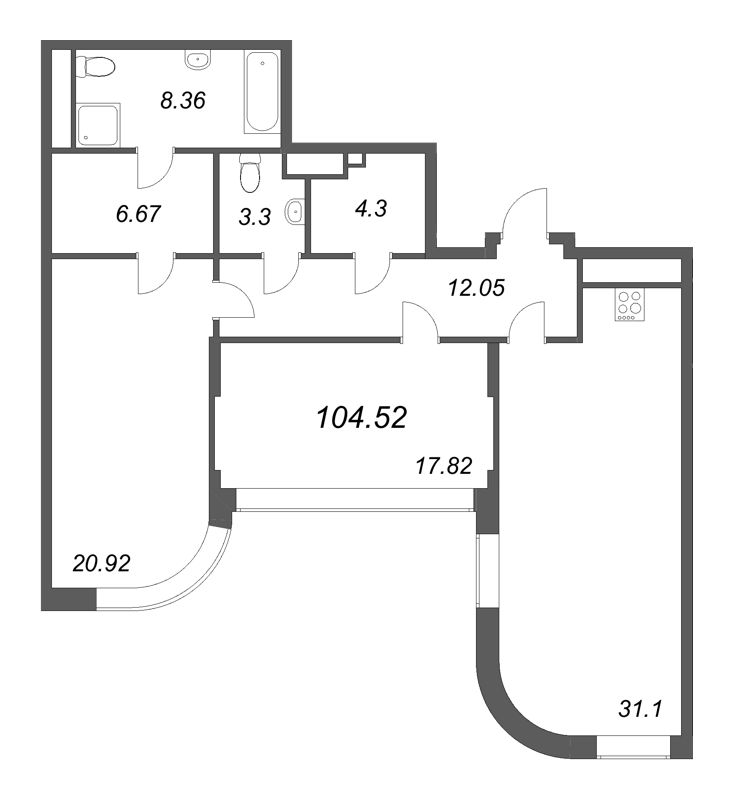 3-комнатная (Евро) квартира, 104.52 м² в ЖК "MONODOM-ART" - планировка, фото №1