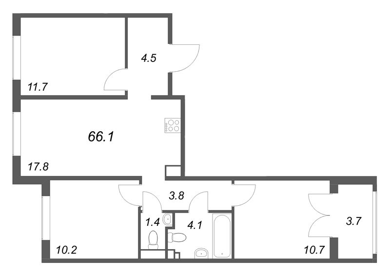 4-комнатная (Евро) квартира, 66.1 м² в ЖК "Пулково Lake" - планировка, фото №1