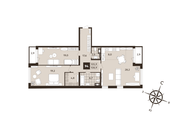 3-комнатная (Евро) квартира, 105.9 м² в ЖК "Дом на Бронницкой" - планировка, фото №1