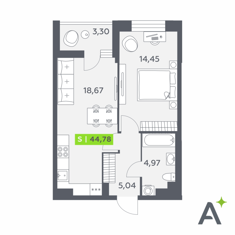 2-комнатная (Евро) квартира, 44.78 м² в ЖК "Аквилон Verba" - планировка, фото №1