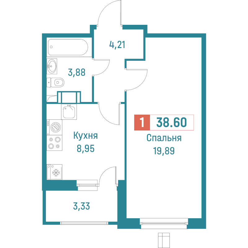 1-комнатная квартира, 38.6 м² в ЖК "Графика" - планировка, фото №1