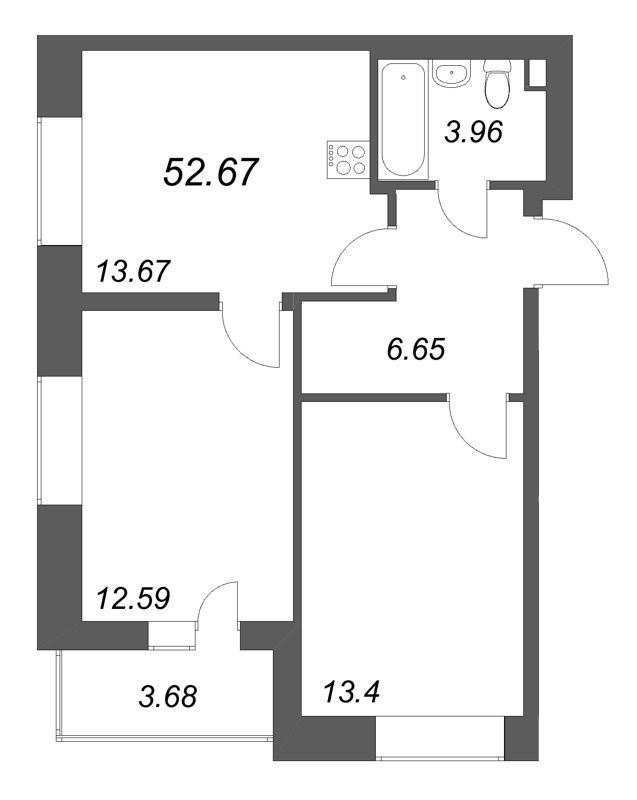 2-комнатная квартира, 52.67 м² в ЖК "Аквилон Солар" - планировка, фото №1