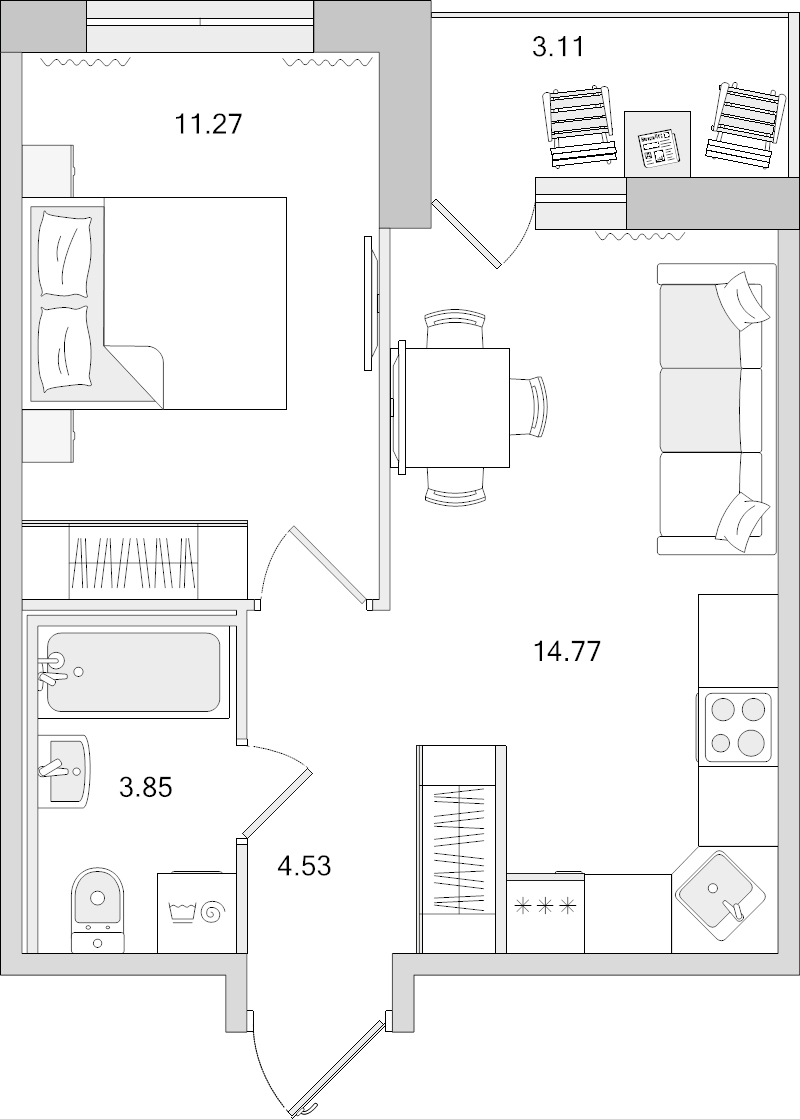 1-комнатная квартира, 37.53 м² в ЖК "Parkolovo" - планировка, фото №1