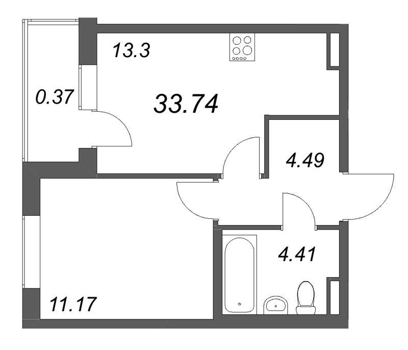 1-комнатная квартира, 33.74 м² в ЖК "Новая история" - планировка, фото №1