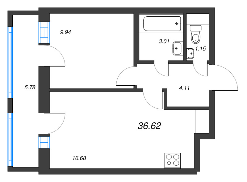 2-комнатная (Евро) квартира, 36.62 м² - планировка, фото №1