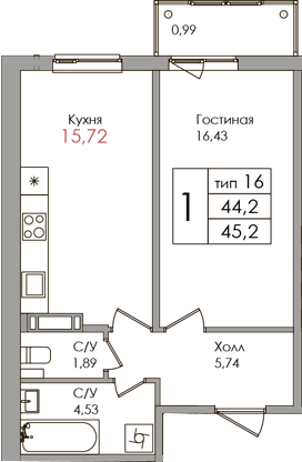 2-комнатная (Евро) квартира, 44.2 м² - планировка, фото №1