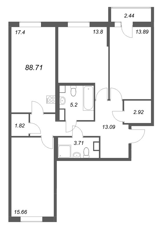 4-комнатная (Евро) квартира, 88.71 м² в ЖК "Кинопарк" - планировка, фото №1