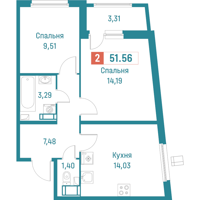 2-комнатная квартира, 51.56 м² - планировка, фото №1