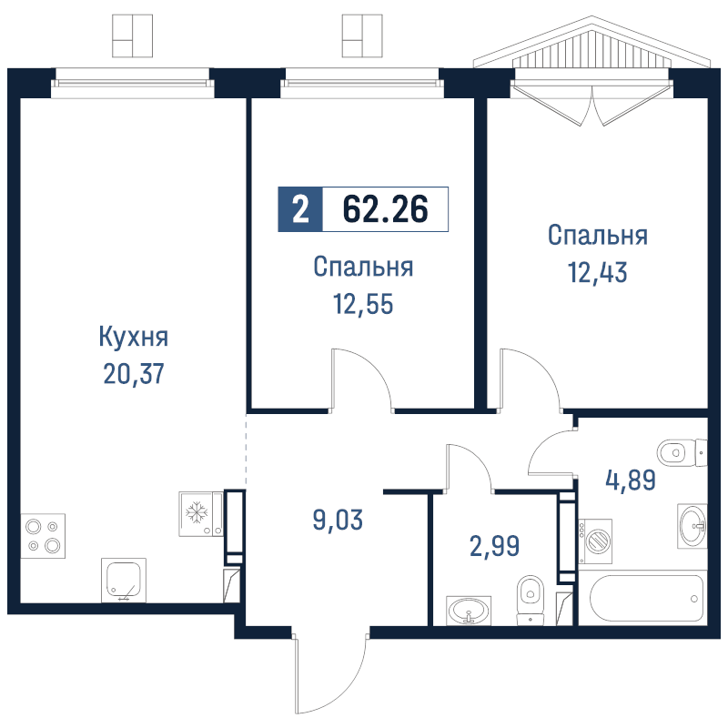 3-комнатная (Евро) квартира, 62.26 м² в ЖК "Максималист" - планировка, фото №1