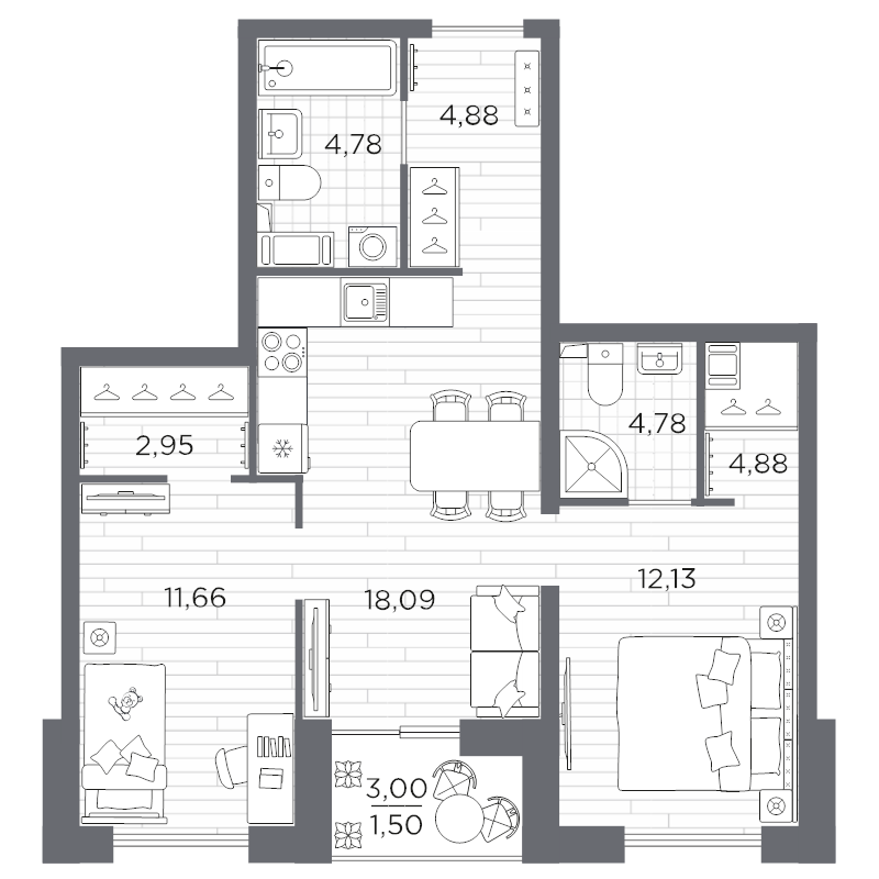 3-комнатная (Евро) квартира, 61.46 м² в ЖК "Сезоны" - планировка, фото №1