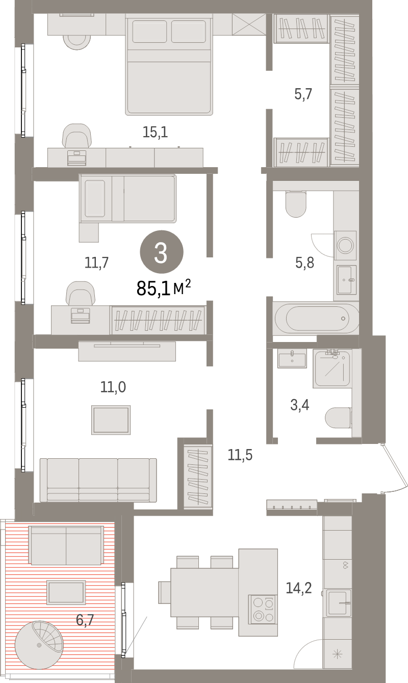 3-комнатная квартира, 85.1 м² в ЖК "Брусника в Новоселье" - планировка, фото №1