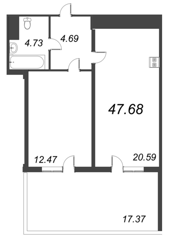 2-комнатная (Евро) квартира, 47.68 м² - планировка, фото №1