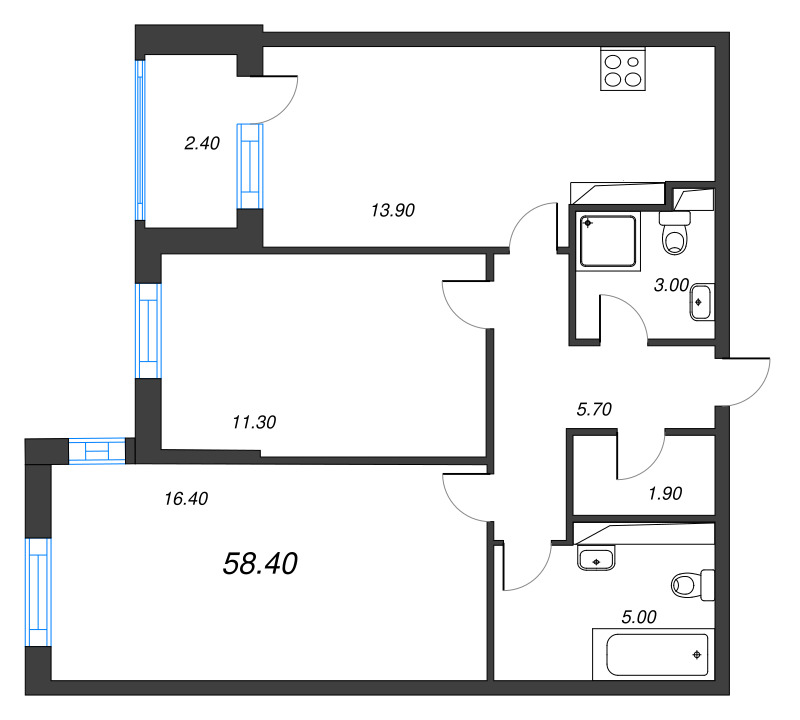 2-комнатная квартира, 58.4 м² - планировка, фото №1