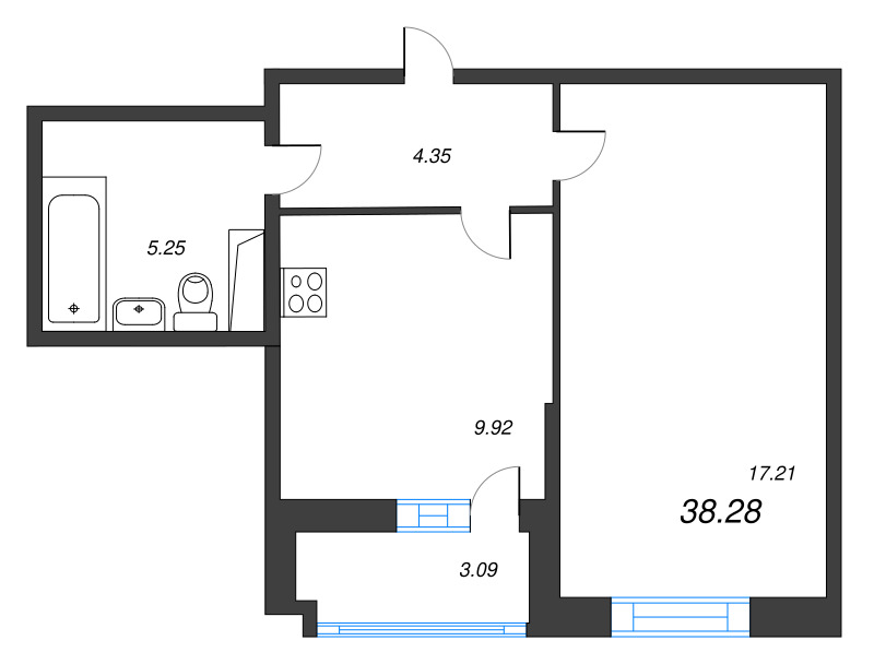 1-комнатная квартира, 38.28 м² - планировка, фото №1