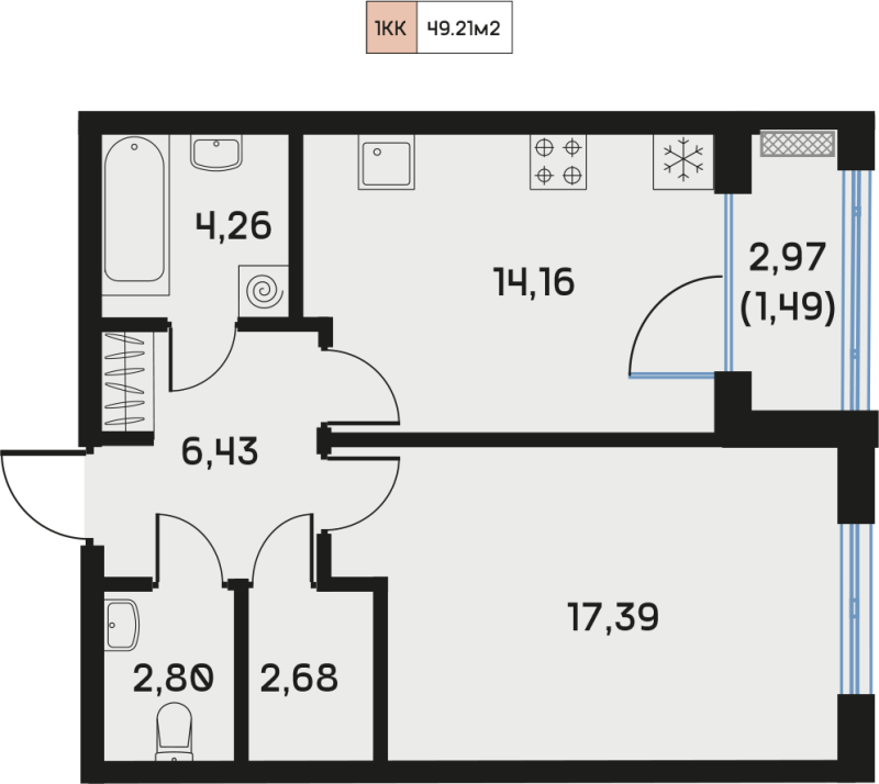 1-комнатная квартира, 49.22 м² в ЖК "Дом Регенбоген" - планировка, фото №1