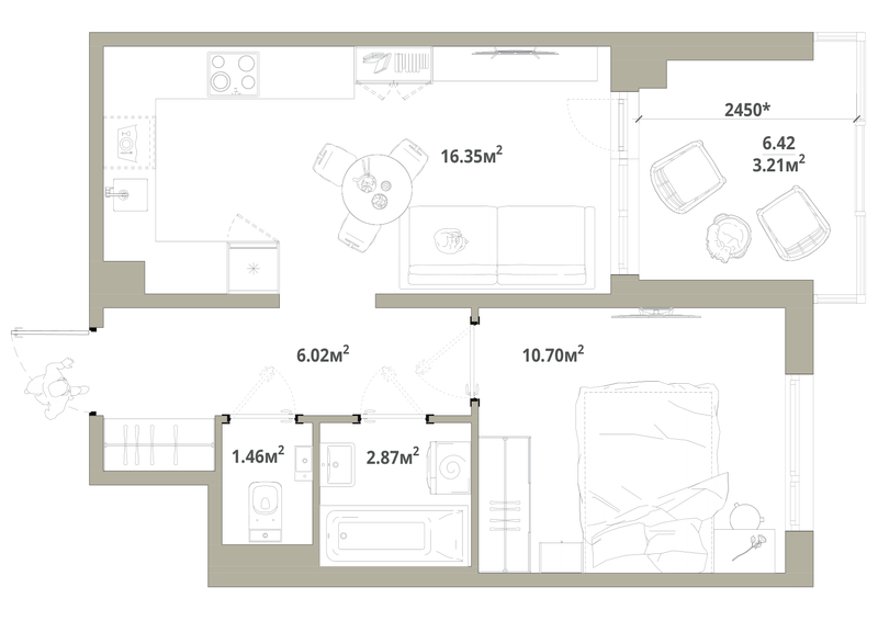2-комнатная (Евро) квартира, 40.61 м² в ЖК "Тишин" - планировка, фото №1