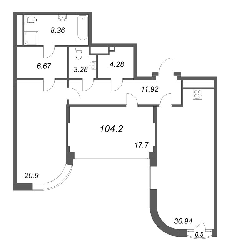 3-комнатная (Евро) квартира, 104.2 м² в ЖК "MONODOM-ART" - планировка, фото №1