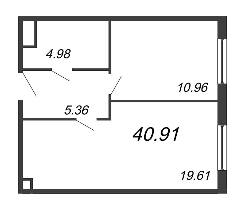 2-комнатная (Евро) квартира, 40.91 м² - планировка, фото №1
