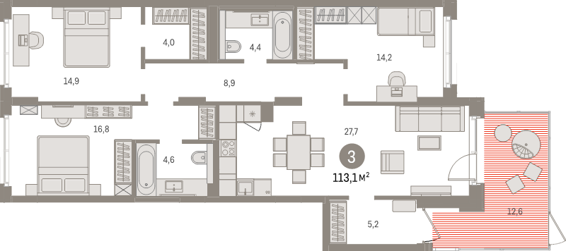 4-комнатная (Евро) квартира, 113.1 м² в ЖК "Брусника в Новоселье" - планировка, фото №1