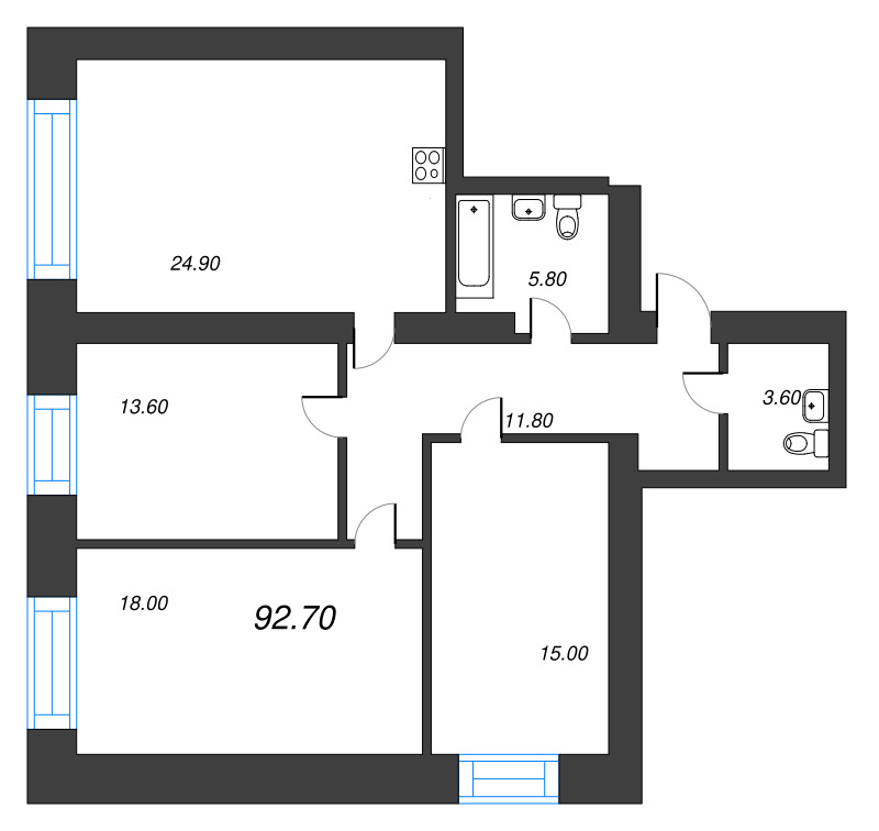 3-комнатная квартира, 92.7 м² в ЖК "Листва" - планировка, фото №1