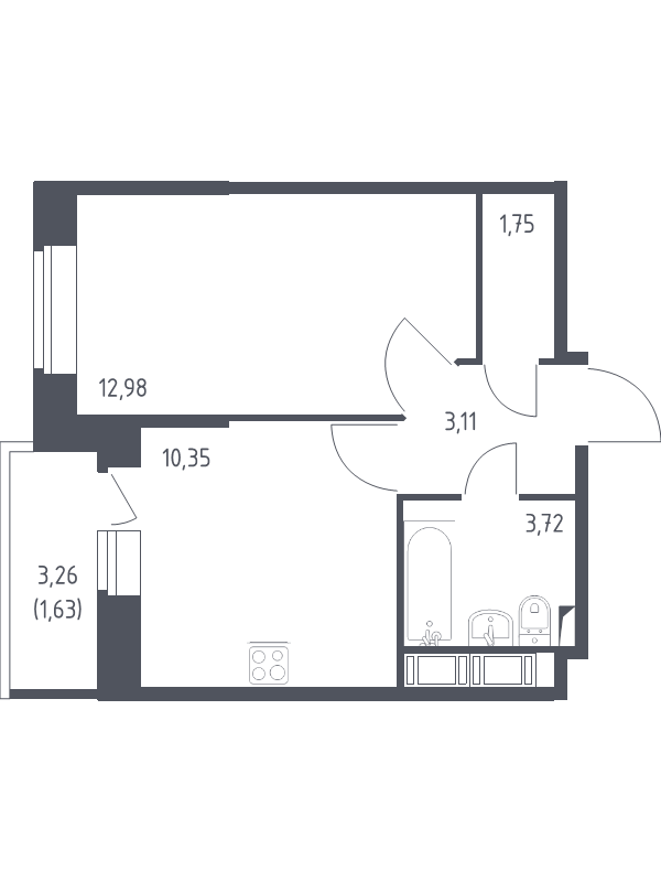 1-комнатная квартира, 33.54 м² - планировка, фото №1