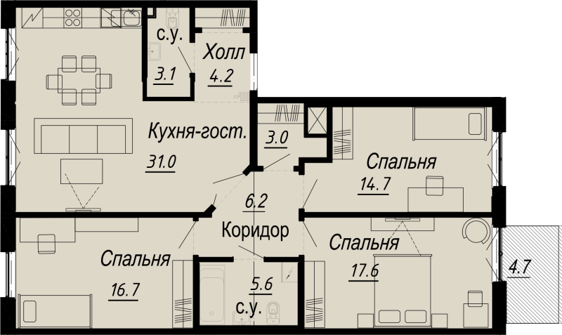 4-комнатная (Евро) квартира, 106.31 м² - планировка, фото №1