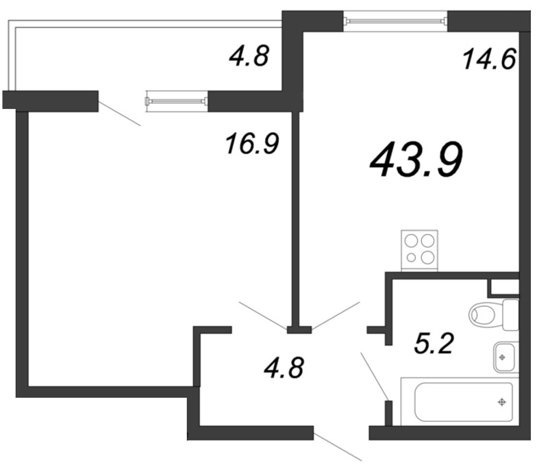 1-комнатная квартира, 44.3 м² - планировка, фото №1