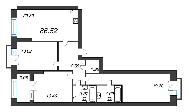 4-комнатная (Евро) квартира, 91.8 м² - планировка, фото №1