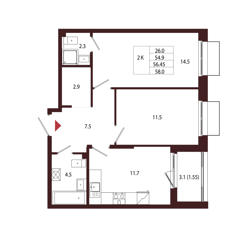 2-комнатная квартира, 56.45 м² в ЖК "Лисино" - планировка, фото №1