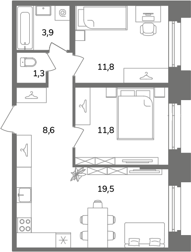 3-комнатная (Евро) квартира, 56.9 м² в ЖК "Антверпен" - планировка, фото №1