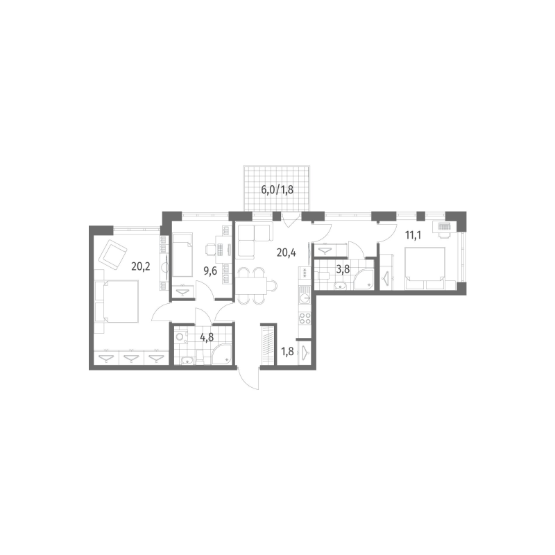 3-комнатная квартира, 80.9 м² - планировка, фото №1