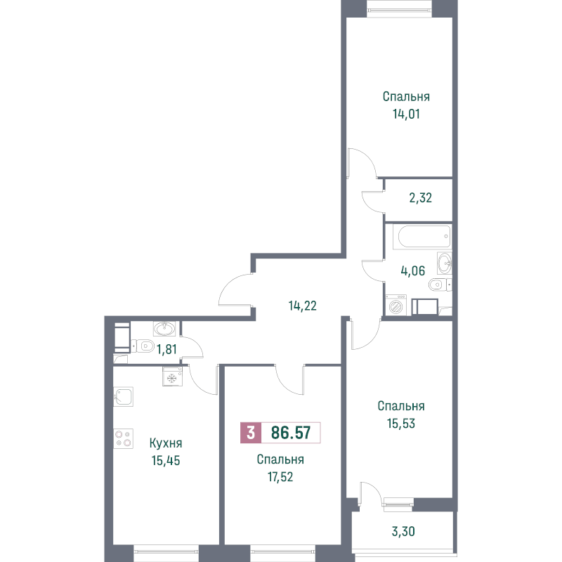 4-комнатная (Евро) квартира, 86.57 м² - планировка, фото №1