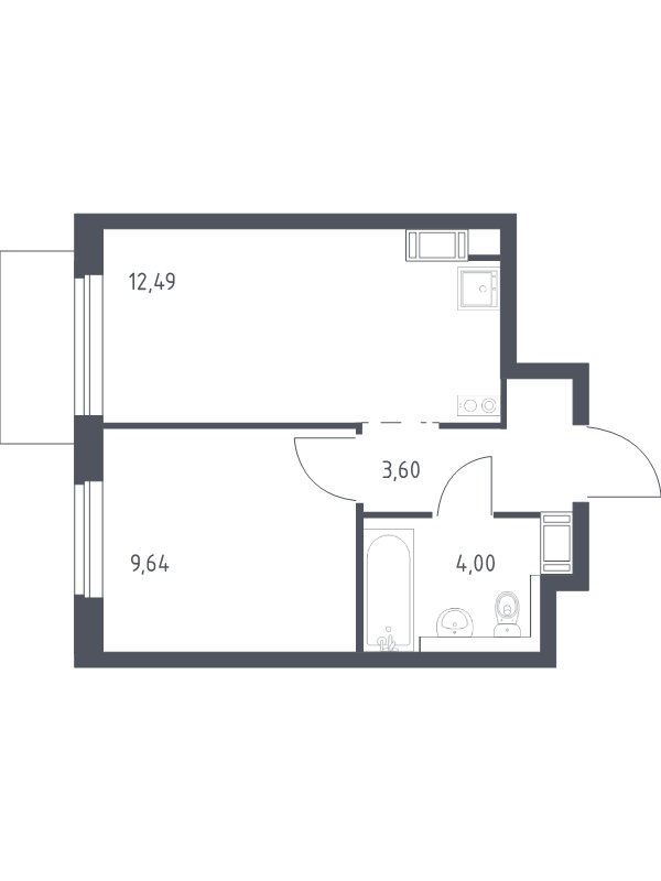 1-комнатная квартира, 29.73 м² - планировка, фото №1