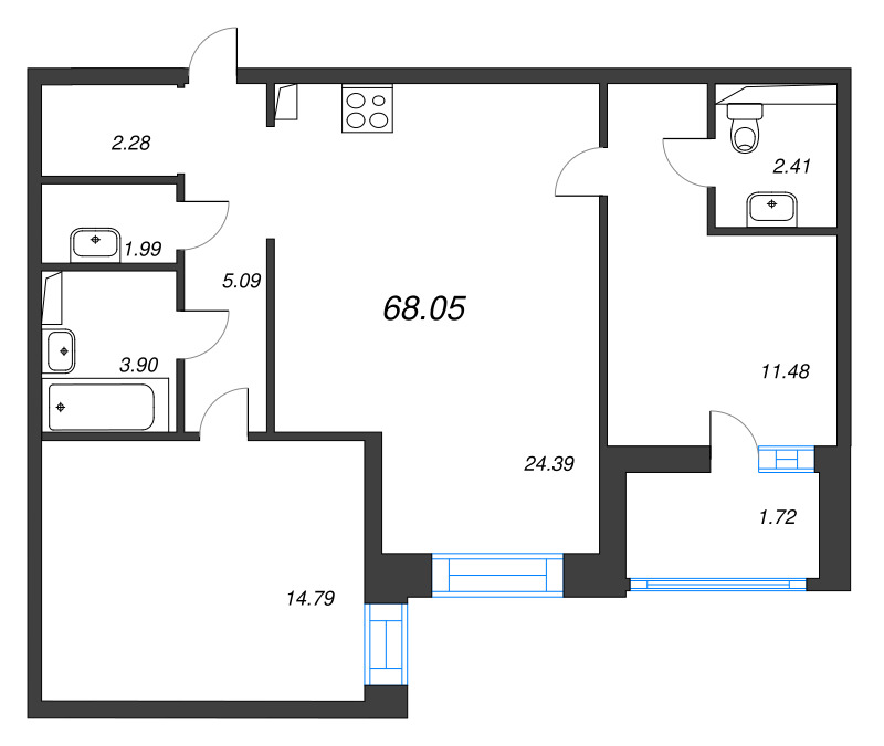3-комнатная (Евро) квартира, 68.05 м² - планировка, фото №1