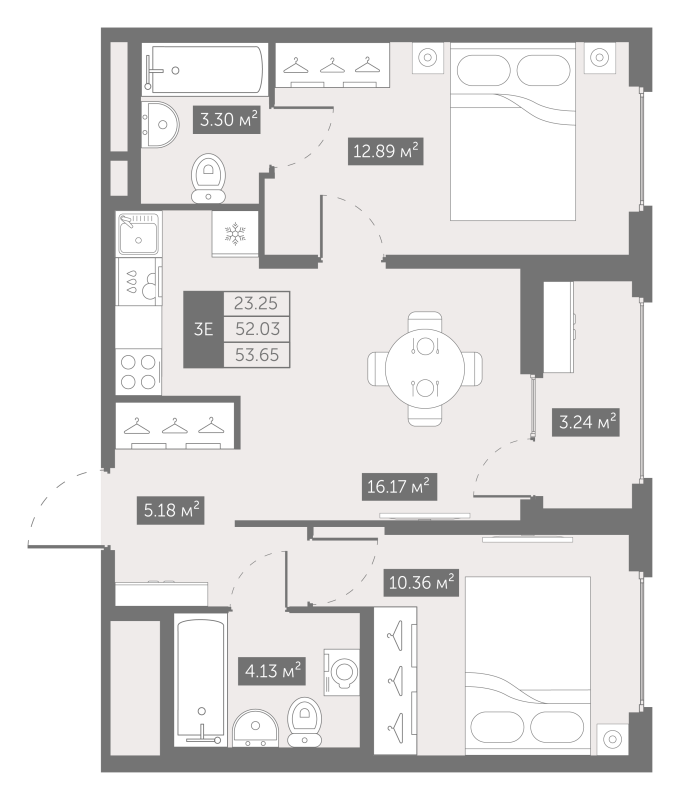 2-комнатная квартира, 53.65 м² - планировка, фото №1