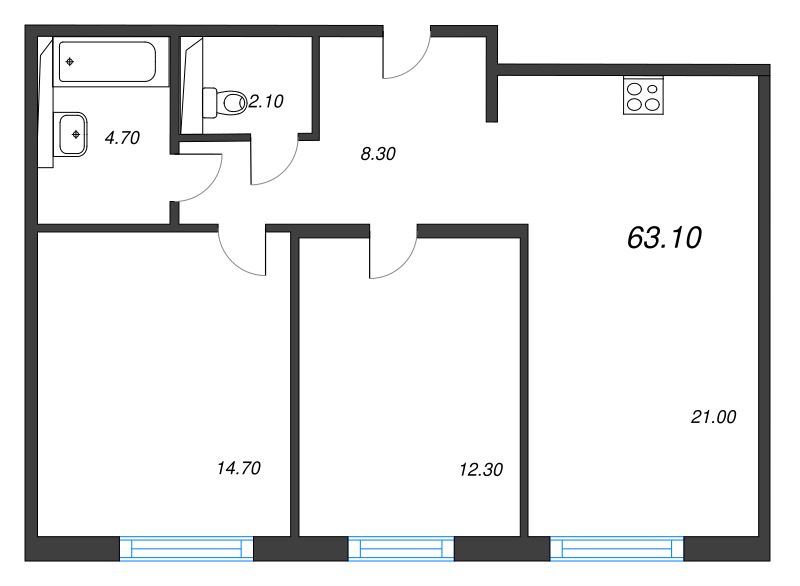 3-комнатная (Евро) квартира, 63.1 м² в ЖК "Руднева 15" - планировка, фото №1