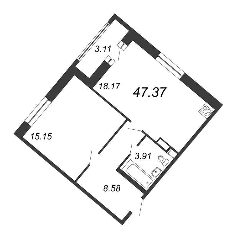 2-комнатная (Евро) квартира, 47.37 м² - планировка, фото №1