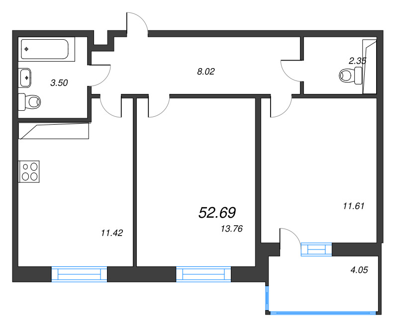 2-комнатная квартира, 52.69 м² - планировка, фото №1