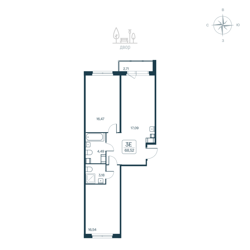 3-комнатная (Евро) квартира, 68.52 м² - планировка, фото №1