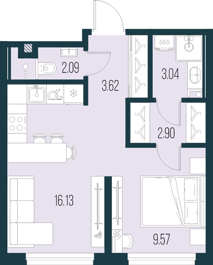 2-комнатная (Евро) квартира, 37.35 м² в ЖК "Новая Земля" - планировка, фото №1