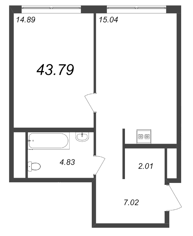 1-комнатная квартира, 43.79 м² - планировка, фото №1