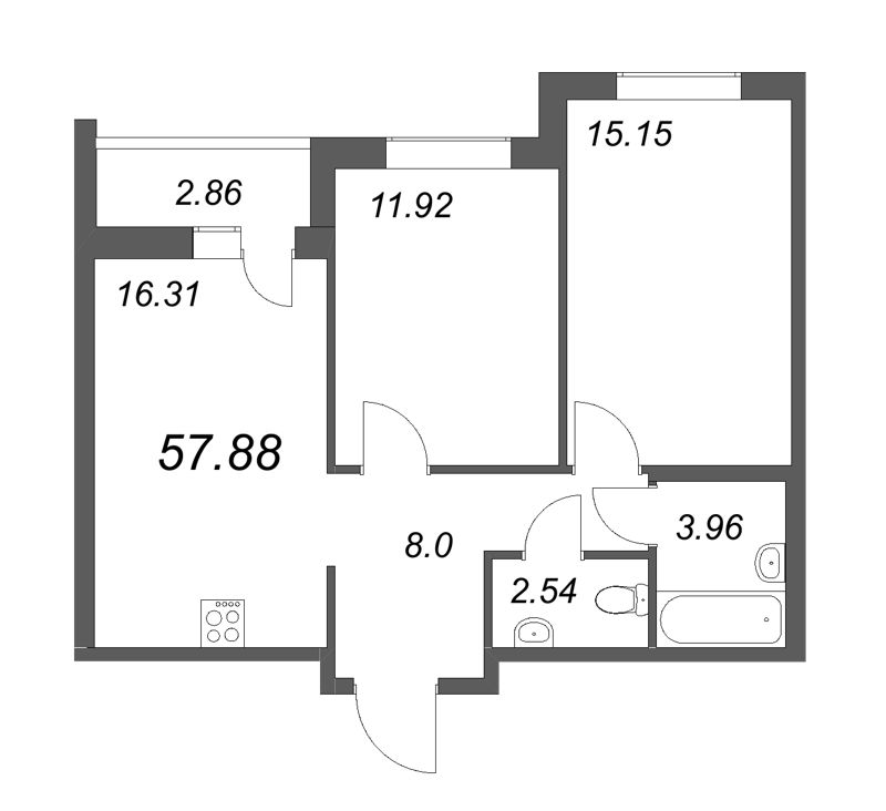 3-комнатная (Евро) квартира, 60.74 м² - планировка, фото №1