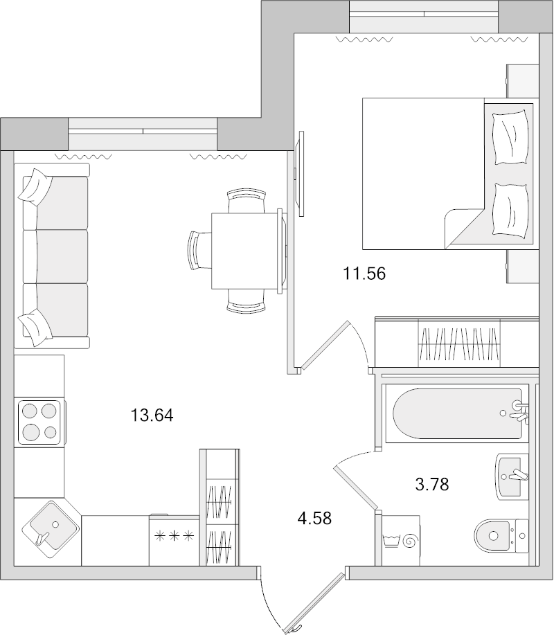 1-комнатная квартира, 33.56 м² в ЖК "Dreamline" - планировка, фото №1
