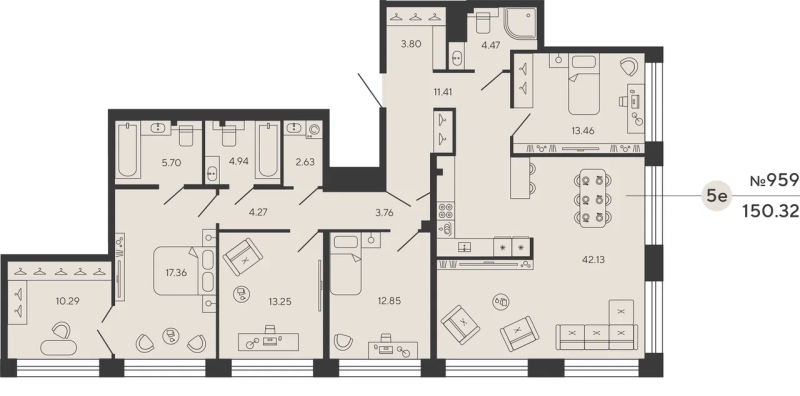 5-комнатная (Евро) квартира, 150.32 м² в ЖК "Bashni Element" - планировка, фото №1