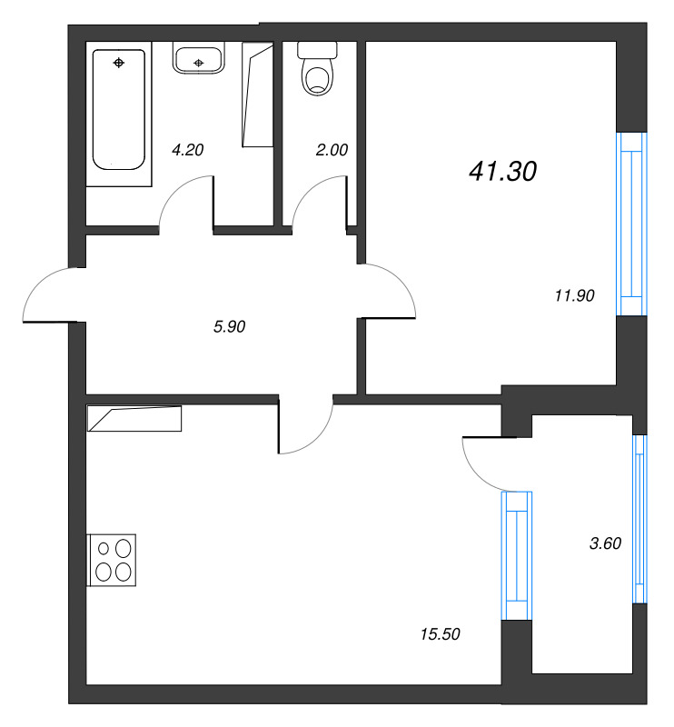 2-комнатная (Евро) квартира, 41.3 м² - планировка, фото №1